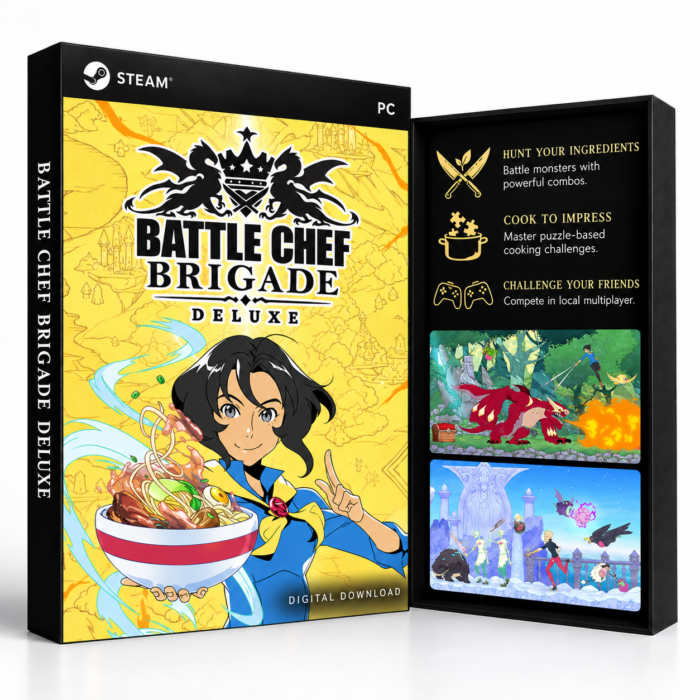 Battle Chef Brigade Deluxe Steam – digital spillutgave vist med forside og bakside