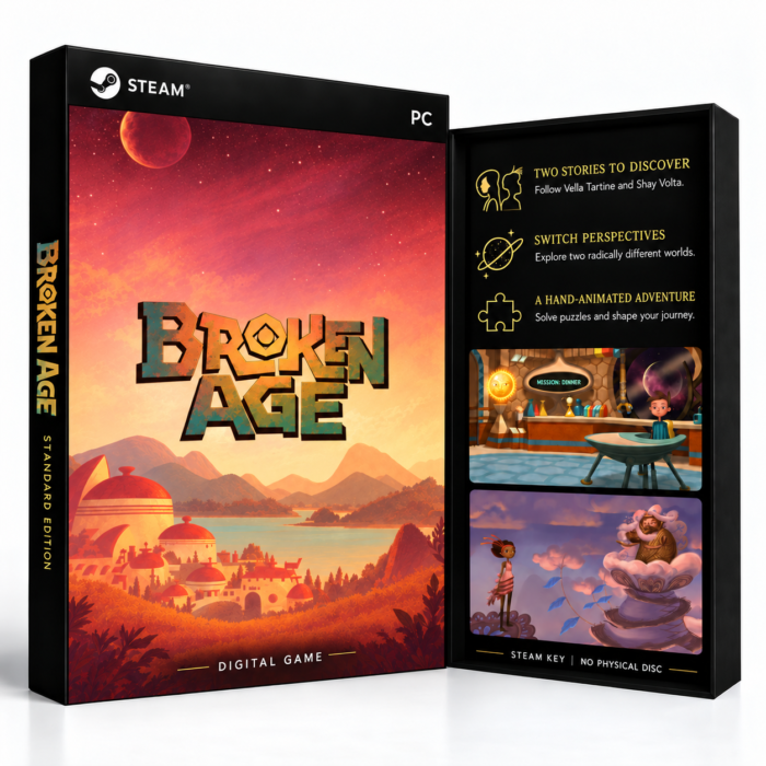 Broken Age Steam – digital spillutgave vist med forside og bakside