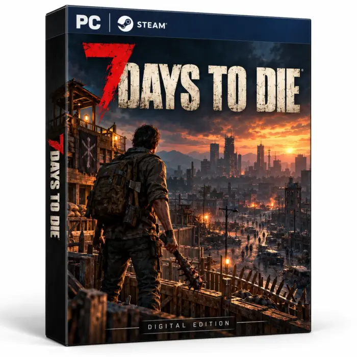 Produktillustrasjon for 7 Days to Die på Steam med en overlever ved barrikader og en ødelagt by i solnedgang