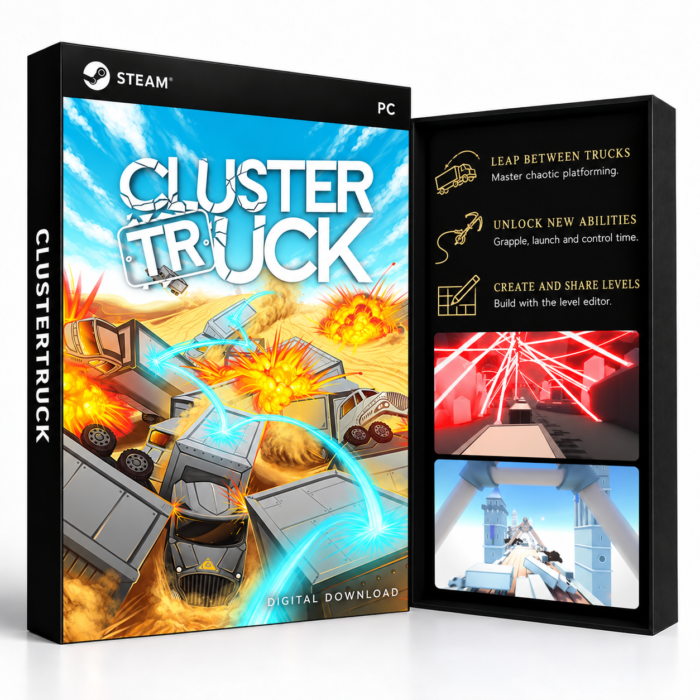 Clustertruck Steam – digital spillutgave vist med forside og bakside