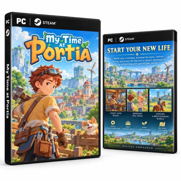 Produktillustrasjon for My Time at Portia på Steam med en håndverker og en fargerik by