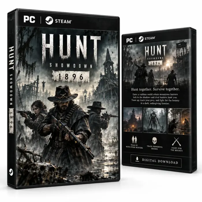 Produktillustrasjon for Hunt: Showdown 1896 på Steam med tre bevæpnede jegere i et mørkt sumpområde