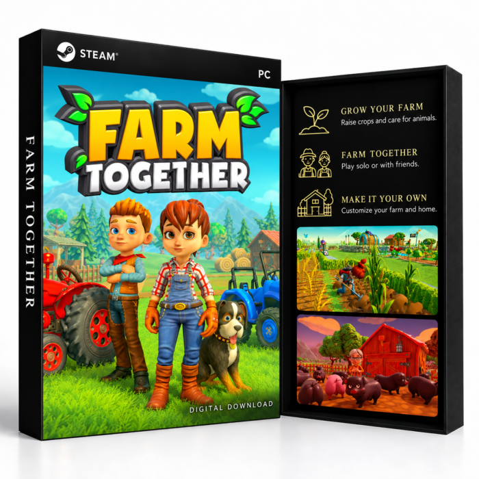 Farm Together Steam – digital spillutgave vist med forside og bakside