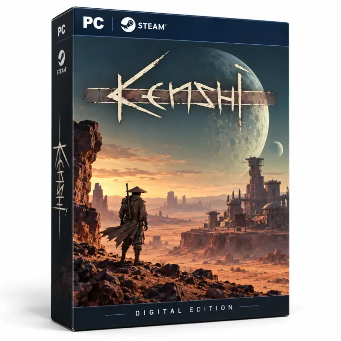 Produktillustrasjon for Kenshi på Steam med en vandrer over en ørkenbosetning og store måner på himmelen