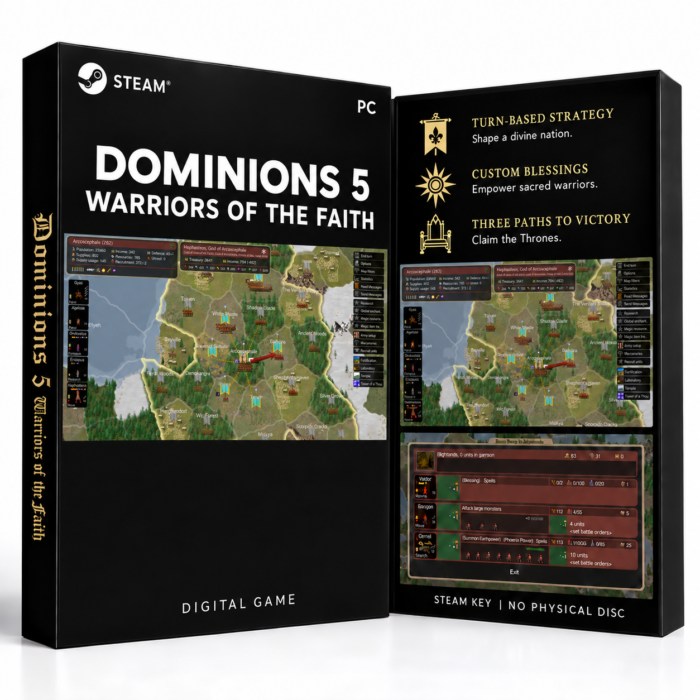Dominions 5 - Warriors of the Faith Steam – digital spillutgave vist med forside og bakside