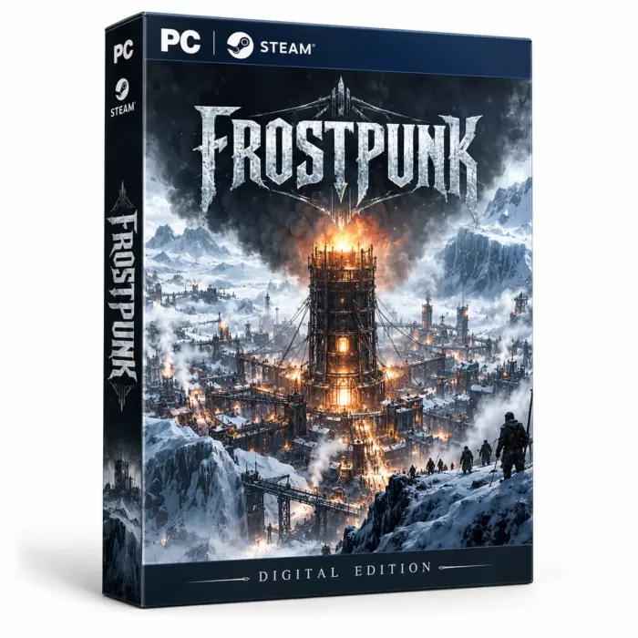 Produktillustrasjon for Frostpunk på Steam med en opplyst generator og en by i et snødekt fjellandskap