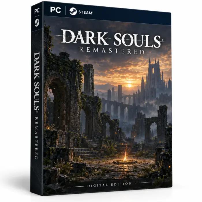 Produktillustrasjon for Dark Souls Remastered på Steam med et bål blant steinruiner og gotiske tårn i solnedgangen
