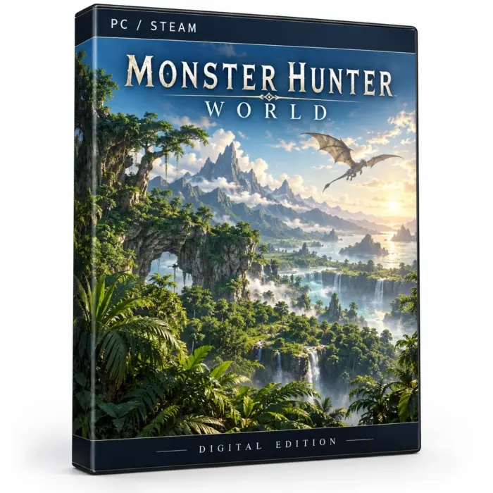 Produktillustrasjon for Monster Hunter: World på Steam med en flygende drage, jungel, fosser og fjell