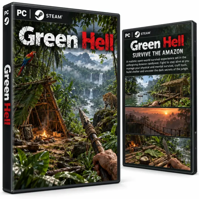 Produktillustrasjon for Green Hell på Steam med regnskog, en leirplass, en elv og et spyd