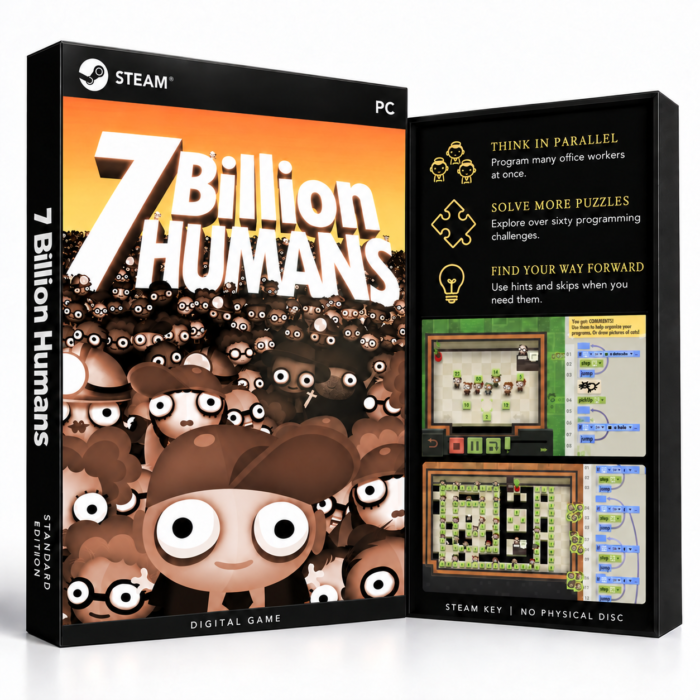 7 Billion Humans – Steam – digital spillutgave vist med forside og bakside