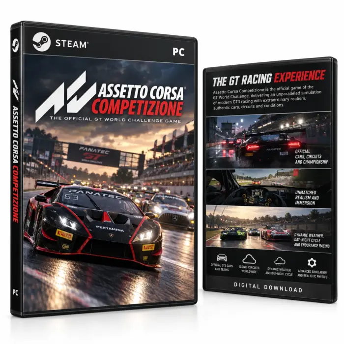 Produktillustrasjon for Assetto Corsa Competizione på Steam med GT-biler på en våt racerbane