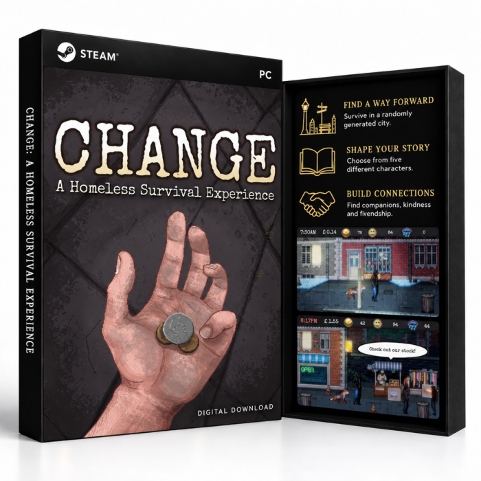CHANGE: A Homeless Survival Experience Steam – digital spillutgave vist med forside og bakside