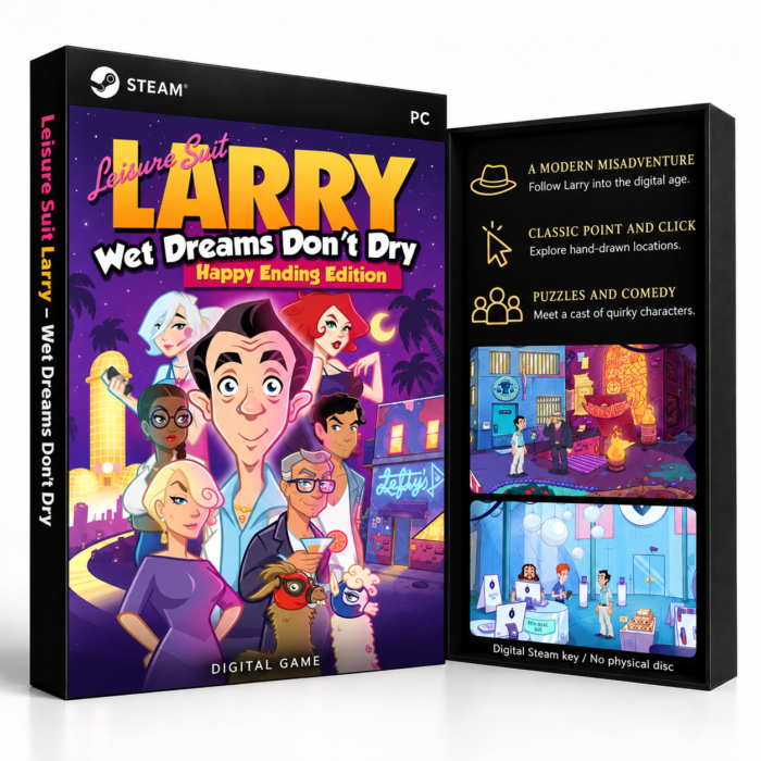 Leisure Suit Larry: Wet Dreams Don't Dry – PC (Steam) – digital spillutgave vist med forside og bakside