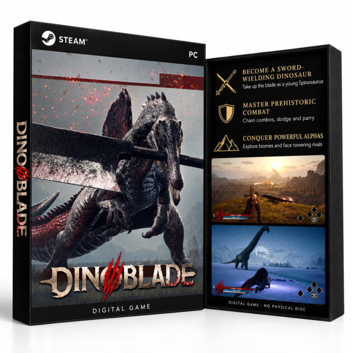 Dinoblade – PC (Steam) – digital spillutgave vist med forside og bakside