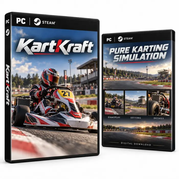 Omslag til KartKraft for Steam med en gokartfører på banen