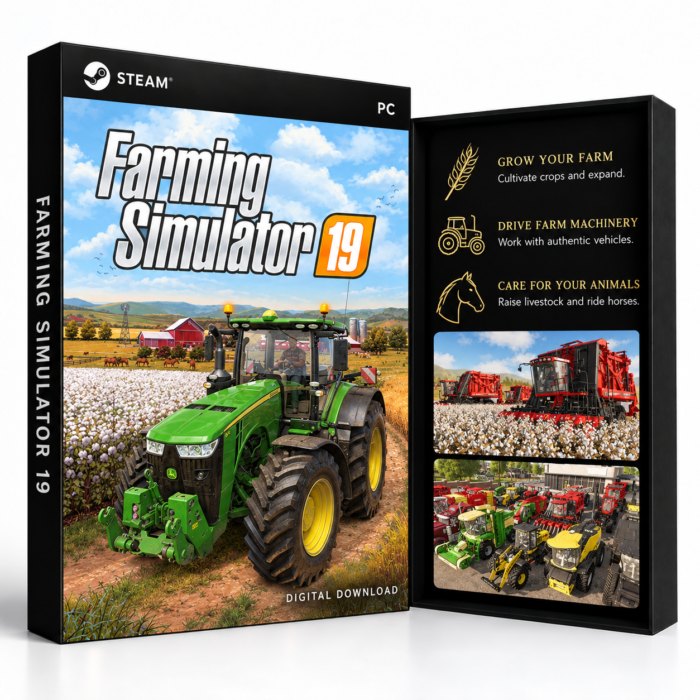Farming Simulator 19 Steam – digital spillutgave vist med forside og bakside