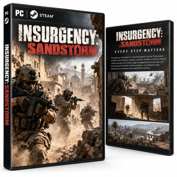 Produktillustrasjon for Insurgency: Sandstorm på Steam med soldater i en støvete bygate
