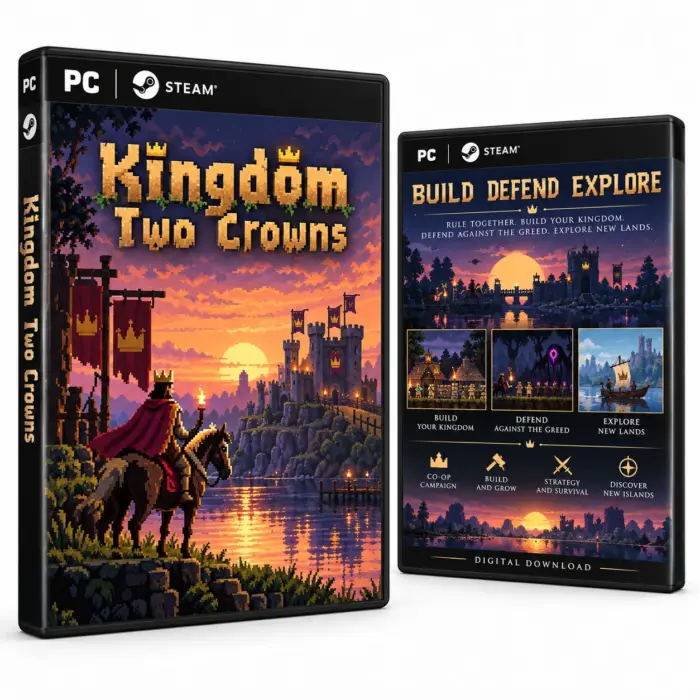 Produktillustrasjon for Kingdom Two Crowns på Steam med en kronet rytter og et slott ved solnedgang