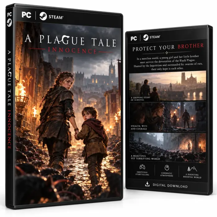 Produktillustrasjon for A Plague Tale: Innocence på Steam med to søsken og rotter i en middelalderby