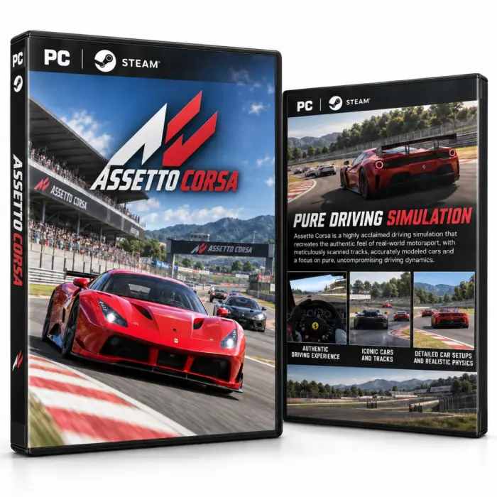 Produktillustrasjon for Assetto Corsa på Steam med en rød sportsbil på en racerbane