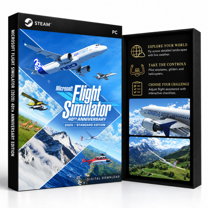 Microsoft Flight Simulator (2020) 40th Anniversary Edition Steam – digital spillutgave vist med forside og bakside