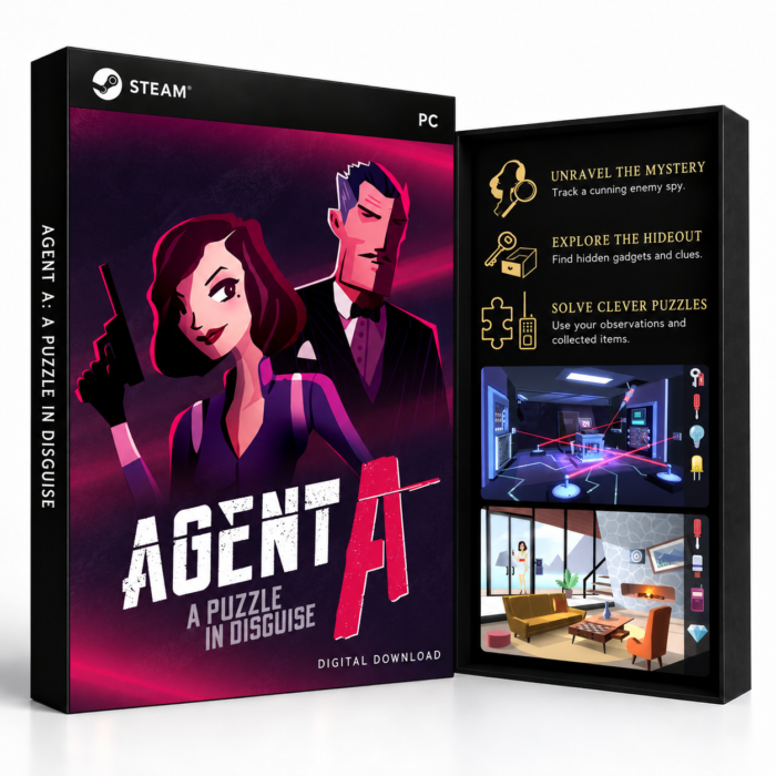 Agent A: A puzzle in disguise Steam – digital spillutgave vist med forside og bakside