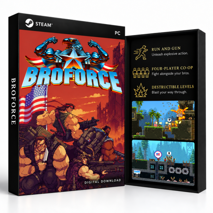 Broforce Steam – digital spillutgave vist med forside og bakside