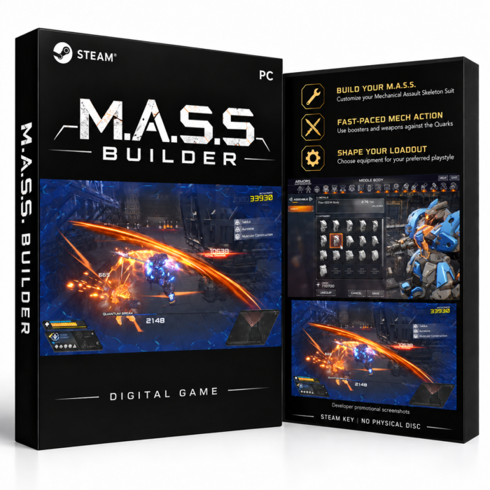 M.A.S.S. Builder Steam – digital spillutgave vist med forside og bakside