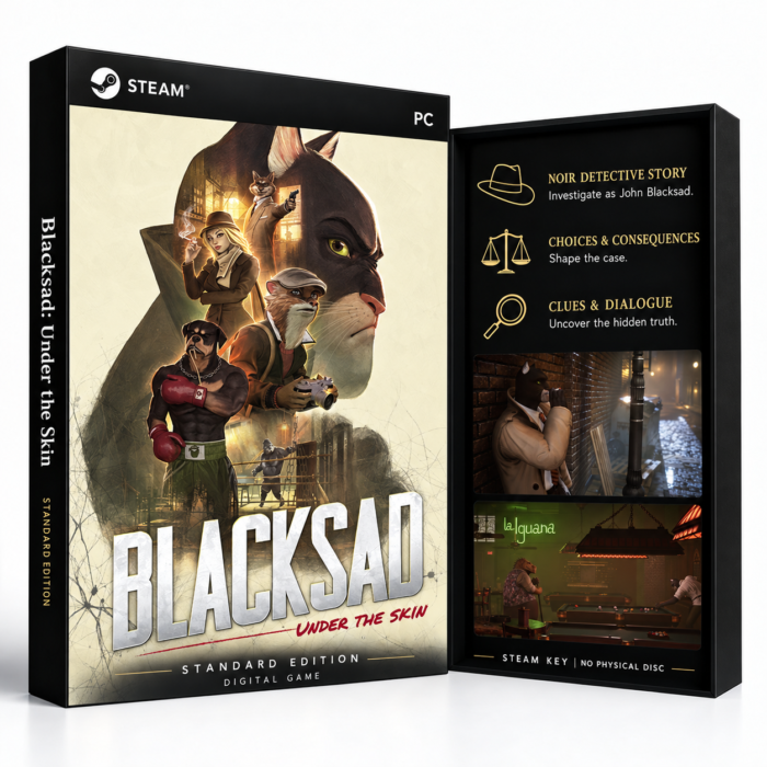 Blacksad: Under the Skin Steam – digital spillutgave vist med forside og bakside