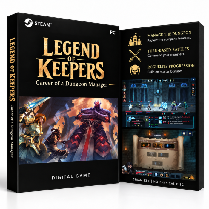 Legend of Keepers: Career of a Dungeon Manager Steam – digital spillutgave vist med forside og bakside