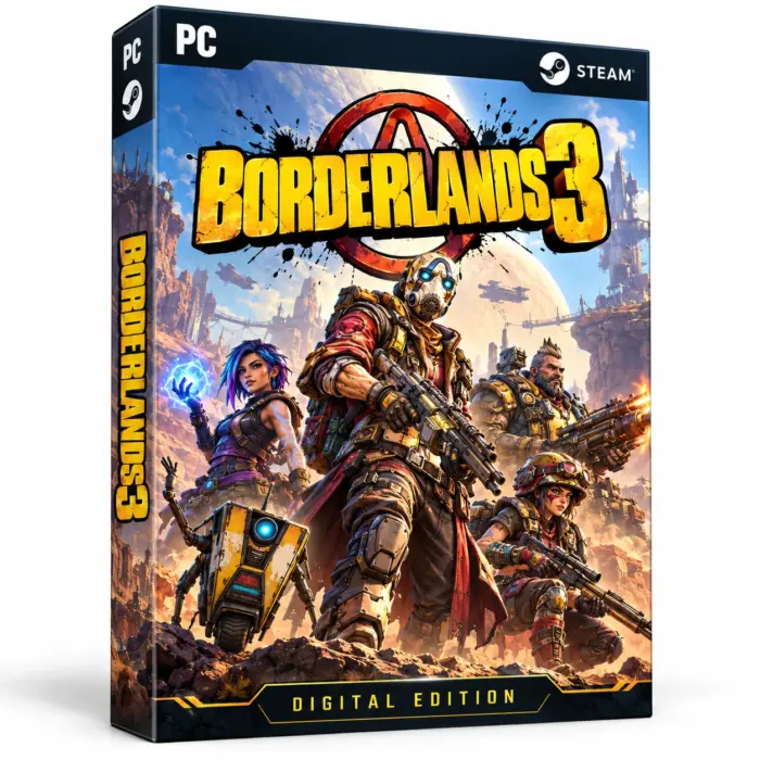 Produktillustrasjon for Borderlands 3 på Steam med fire figurer og en gul robot i et futuristisk klippelandskap