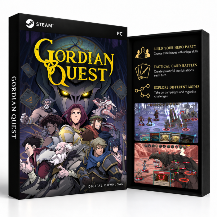 Gordian Quest Steam – digital spillutgave vist med forside og bakside