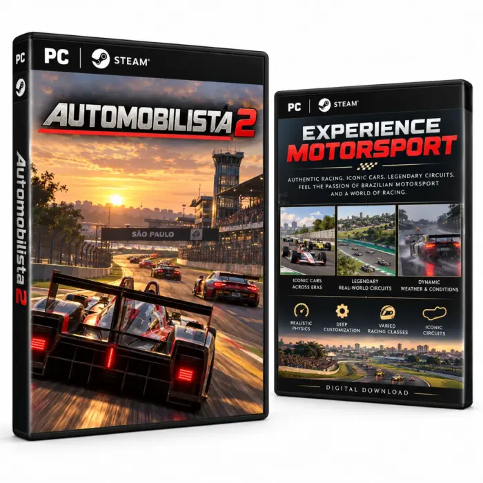 Produktillustrasjon for Automobilista 2 på Steam med racerbiler på en bane ved solnedgang