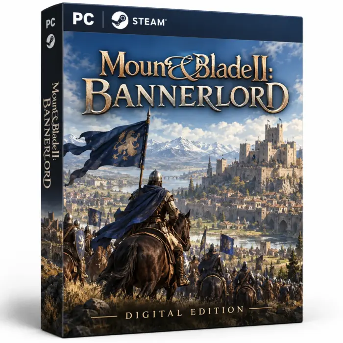 Produktillustrasjon for Mount & Blade II: Bannerlord på Steam med ryttere, blå faner og en borg