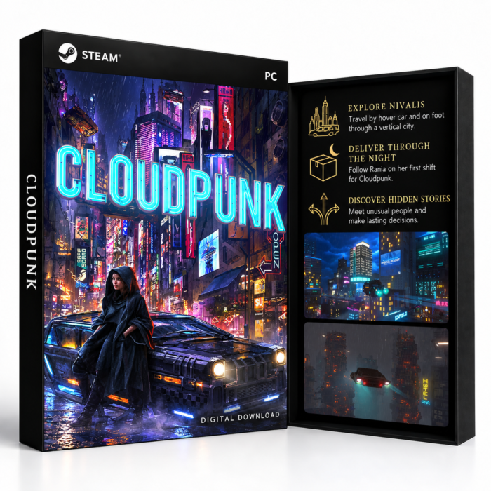 Cloudpunk Steam – digital spillutgave vist med forside og bakside