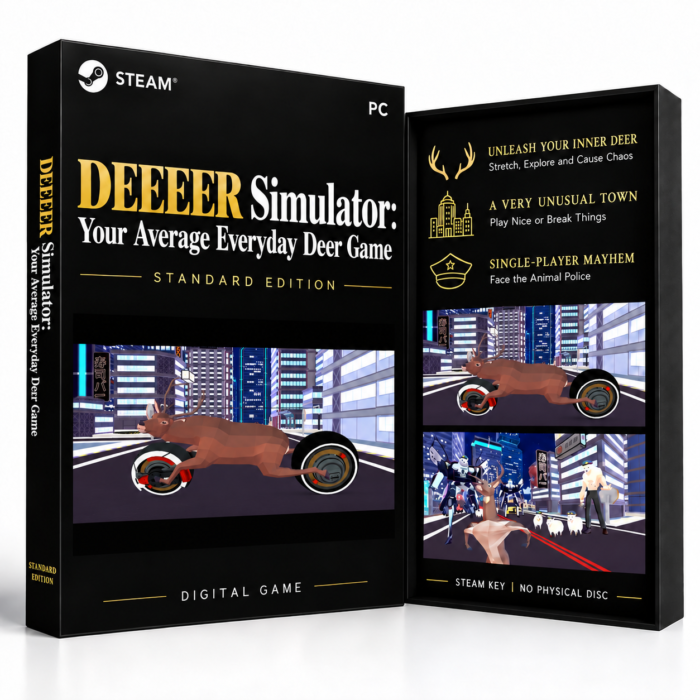DEEEER Simulator: Your Average Everyday Deer Game Steam – digital spillutgave vist med forside og bakside
