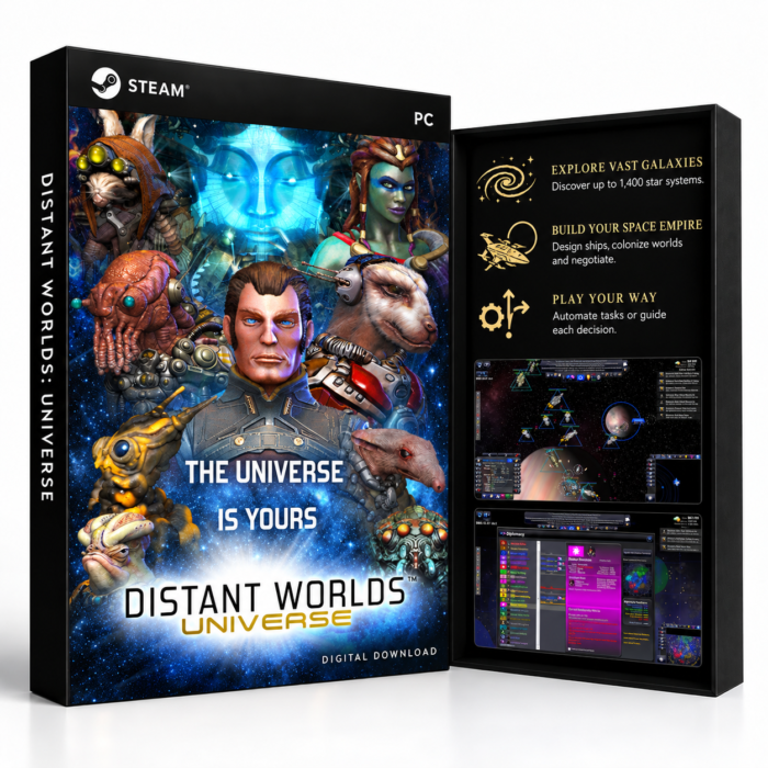 Distant Worlds: Universe Steam – digital spillutgave vist med forside og bakside