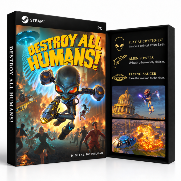 Destroy All Humans! Steam EU – digital spillutgave vist med forside og bakside