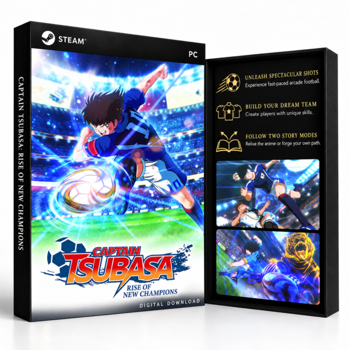 Captain Tsubasa: Rise of New Champions Steam – digital spillutgave vist med forside og bakside