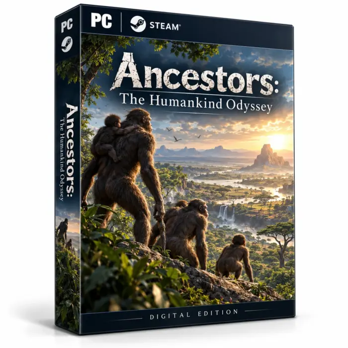 Produktillustrasjon for Ancestors: The Humankind Odyssey på Steam med tidlige menneskeforfedre over en elvedal og savanne