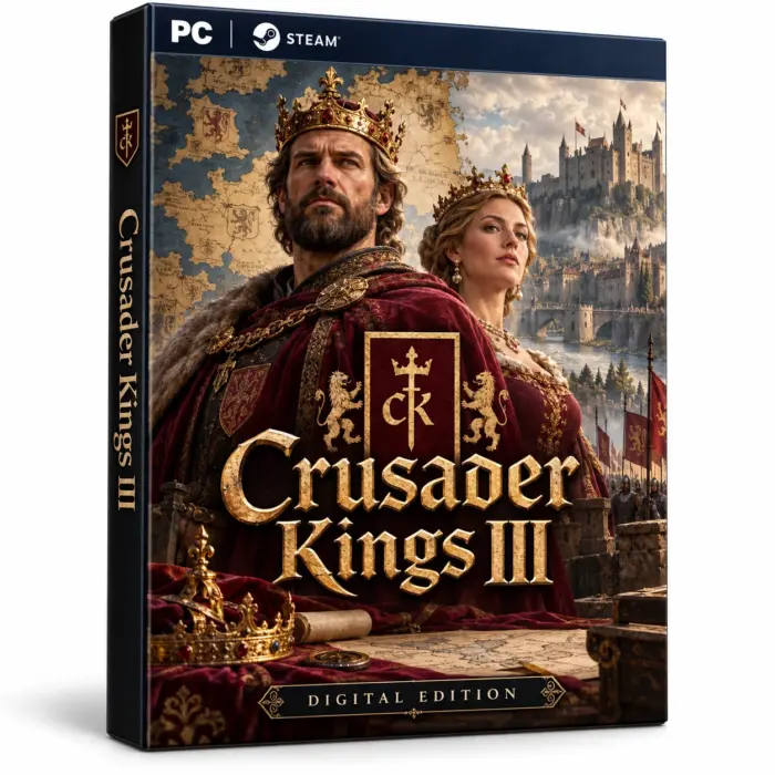Produktillustrasjon for Crusader Kings III på Steam med en konge, en dronning, et kart og en borg