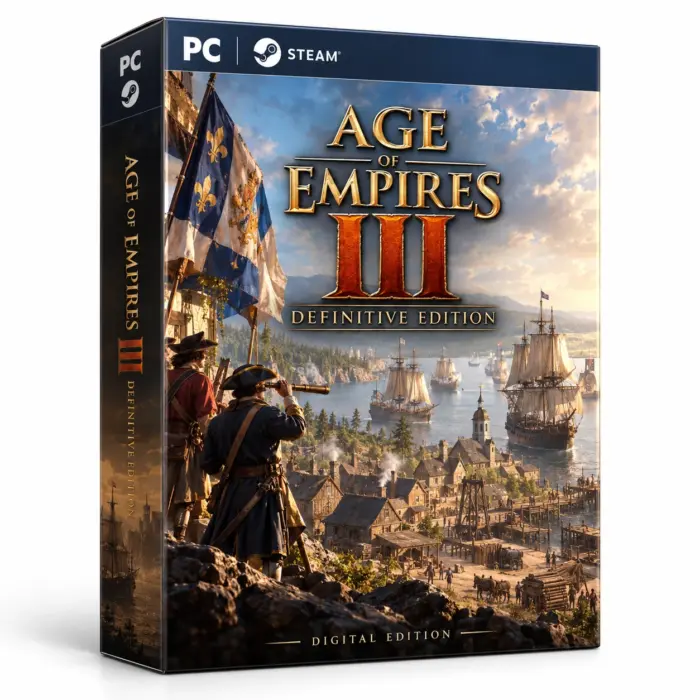 Produktillustrasjon for Age of Empires III: Definitive Edition på Steam med seilskip og en havneby