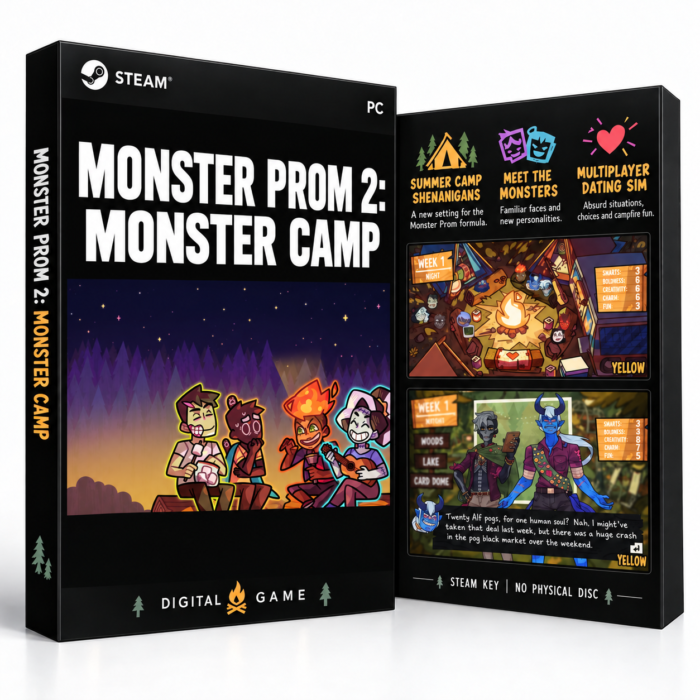 Monster Prom 2: Monster Camp Steam – digital spillutgave vist med forside og bakside