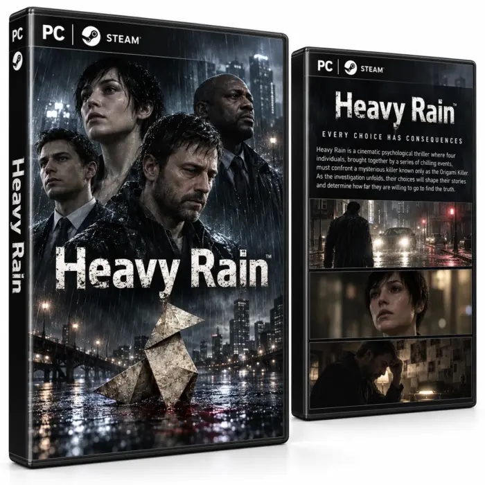 Produktillustrasjon for Heavy Rain på Steam med fire personer, regn og en origamifigur