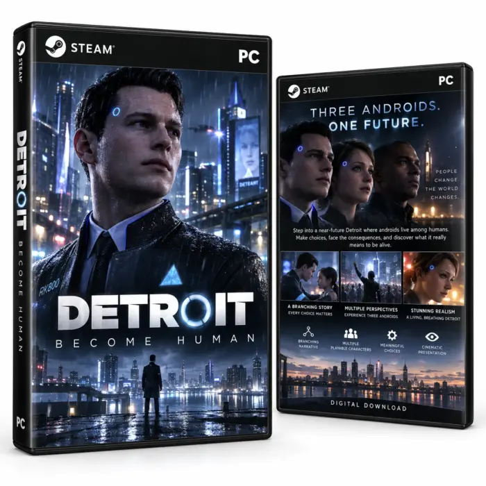 Produktillustrasjon for Detroit: Become Human på Steam med en androide i en regnvåt by