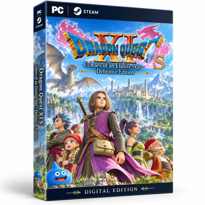 Produktillustrasjon for Dragon Quest XI S: Definitive Edition på Steam med heltegruppen, en blå slime og en drage foran et slott