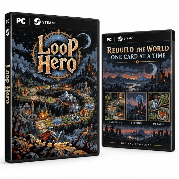 Omslag til Loop Hero for Steam med en helt og en svingete sti