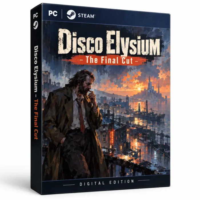 Produktillustrasjon for Disco Elysium – The Final Cut på Steam med en mann foran en havneby i solnedgang