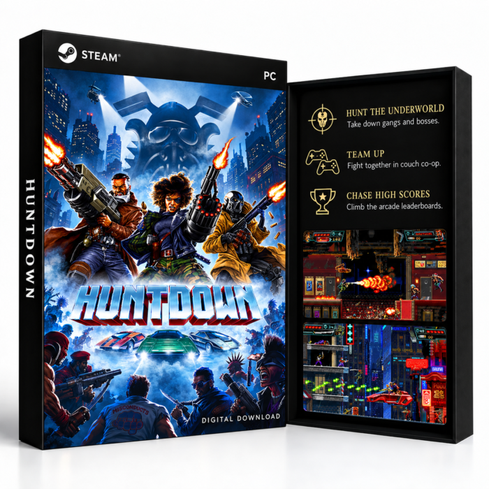 HUNTDOWN Steam – digital spillutgave vist med forside og bakside