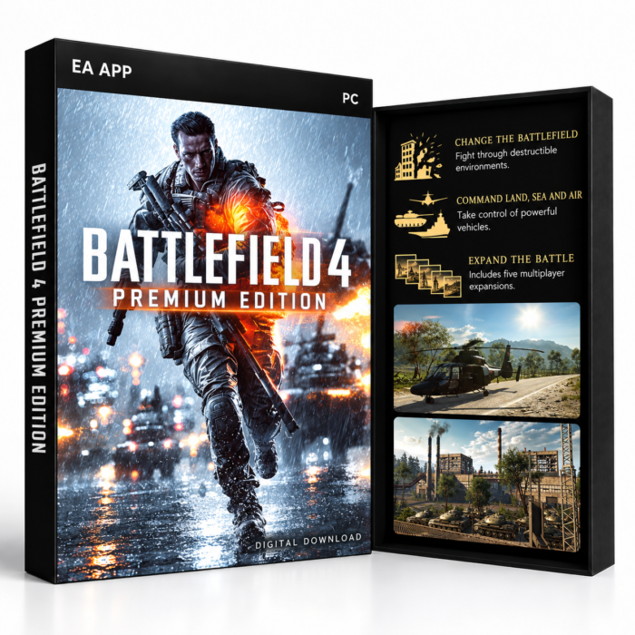 Battlefield 4 Premium Edition EA App – digital spillutgave vist med forside og bakside